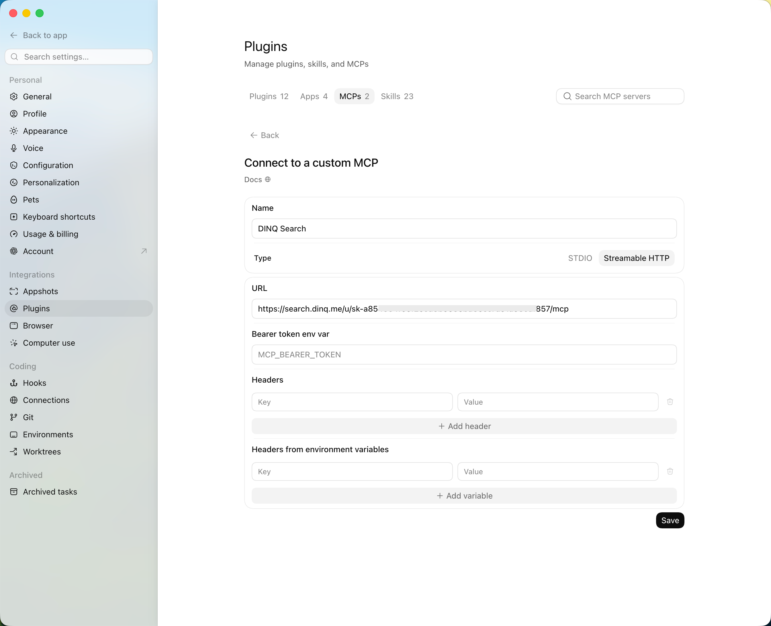 Codex Settings showing Plugins → MCPs and the Connect to a custom MCP form with DINQ Search configured as Streamable HTTP